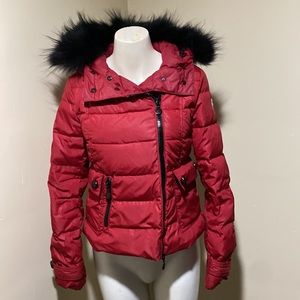 Moncler Red Puffer Waist Jacket w detachable raccoon fur trim hood  sz 0 XS